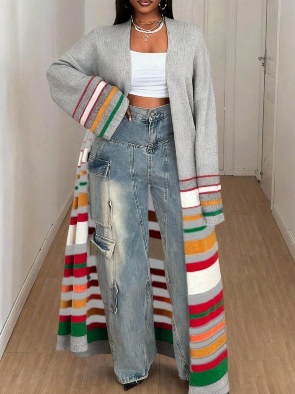 Light Grey Casual Women's Loose Rib-Knit Long Striped Knitted Cardigan Sweater